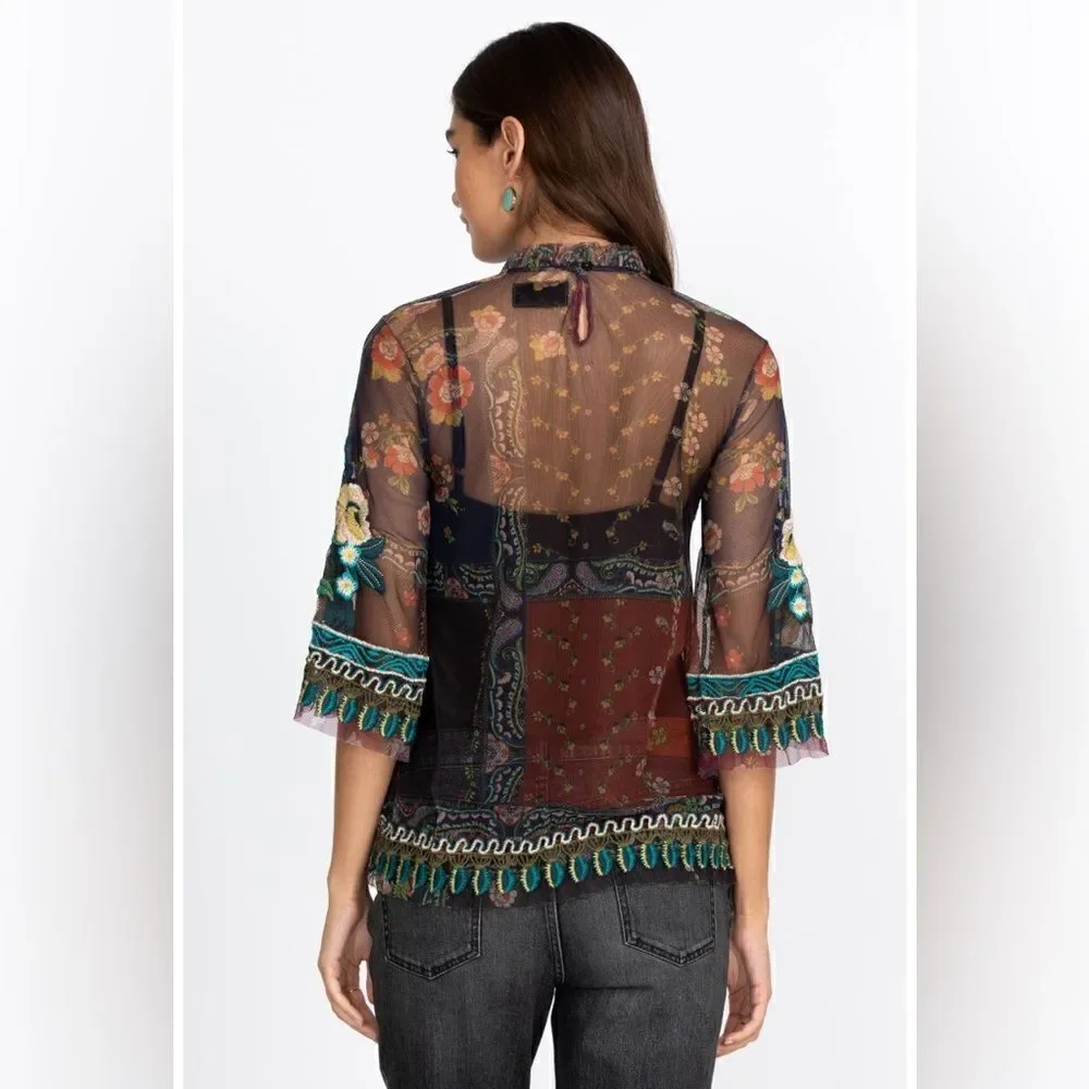 Johnny Was Renley Black Brown Blouse Sheer Mesh Floral Embroidered Size  XS